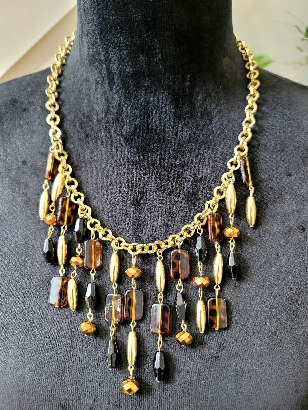 Vintage Gold Tone Tortoise Lucite Beaded Fringe Statement Bib Necklace Boho